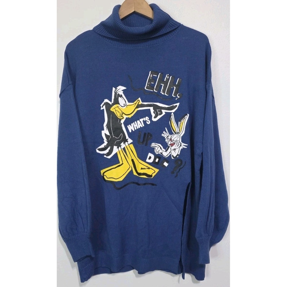 Looney Tunes Sweater 2XL 90s Bugs Tweety Duck Cartoon Crewneck Blue Woman Y2K